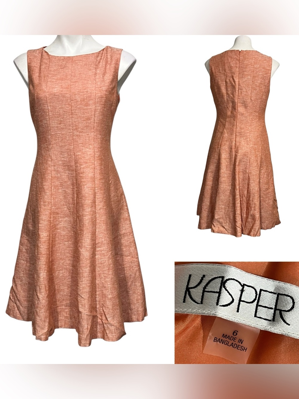 Kasper dress sz 6 copper A-line knee length sleeveless office church linen blend